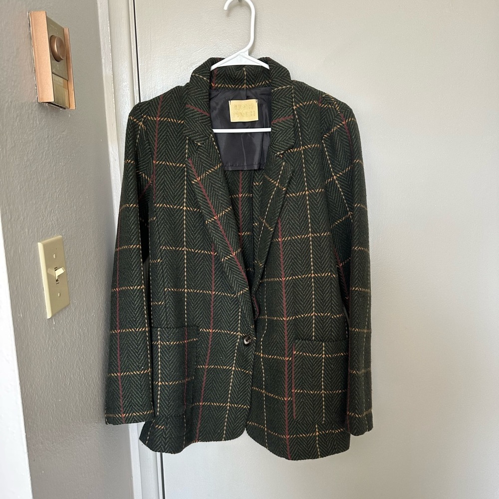Judith March Green Herringbone Plaid Blazer Jacket